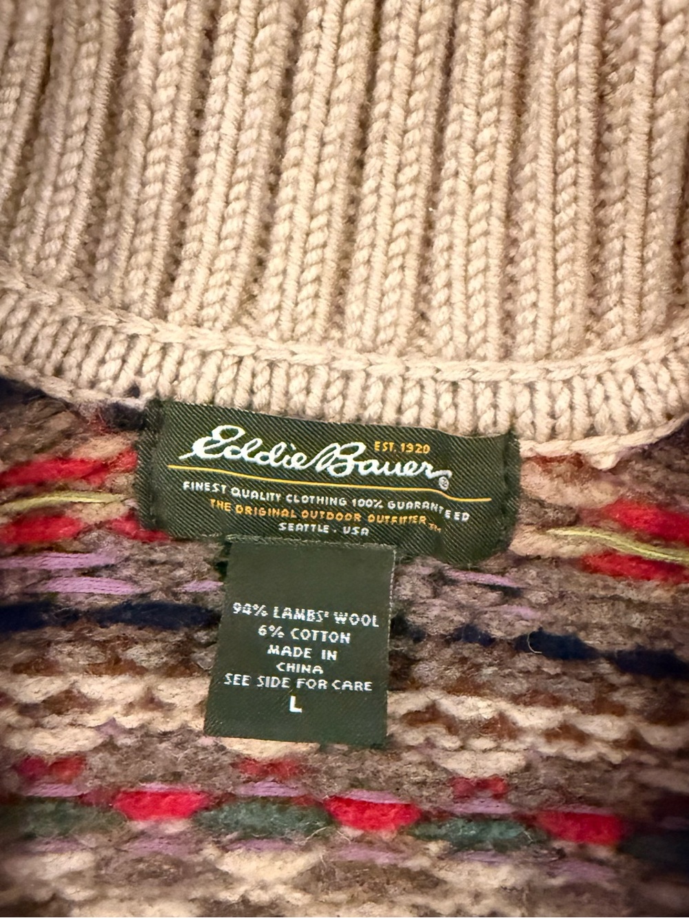 Vintage Eddie Bauer Wool Cardigan Shawl Neck Fair Isle Grey Purple Sweater Large - Picture 5 of 8